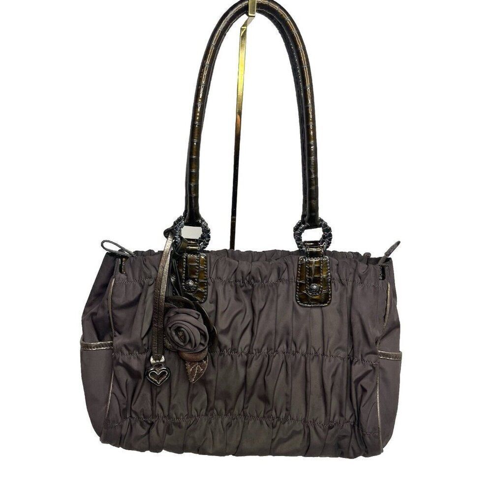 BRIGHTON Purse Camille*GRAY Nylon Ruched‎ Shoulder Bag w/Rosette & Snakeskin